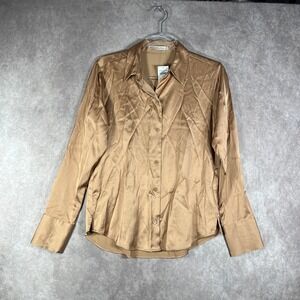 Abercrombie & Fitch Shirt Womens Size XS Tan Satin Button Up Long Sleeves NEW